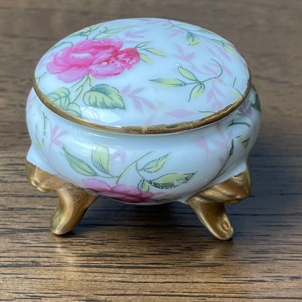 Floral Porcelain Footed Trinket Box Vtg Mini Lidded Bowl Roses Gold Gilt 1239